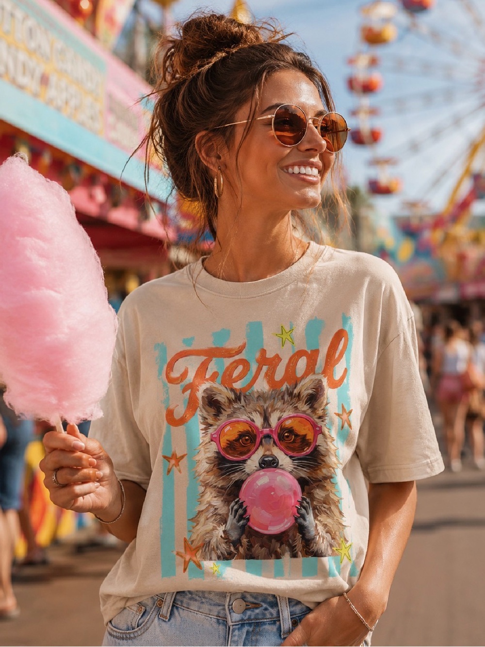 Gildan Cream Graphic Tee with Colorful Raccoon Print